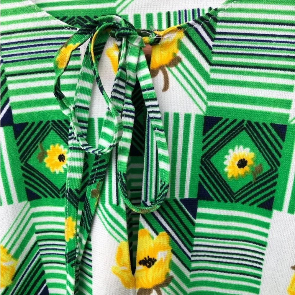 70s Bright green & yellow Vintage floral House dress Polyester geometric 1970s - Picture 6 of 7